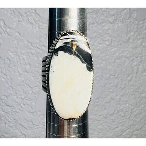 Vtg Bernyse Chavez Navajo Wild Horse Signed Sz8 Ring White Buffalo Turquoise 18g